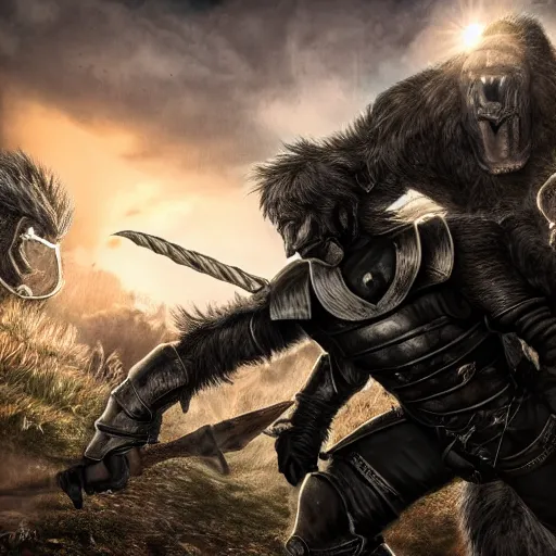 Prompt: knight in black armor fighting a tall troll, realistic, photo, fine detail, 8 k, hdr