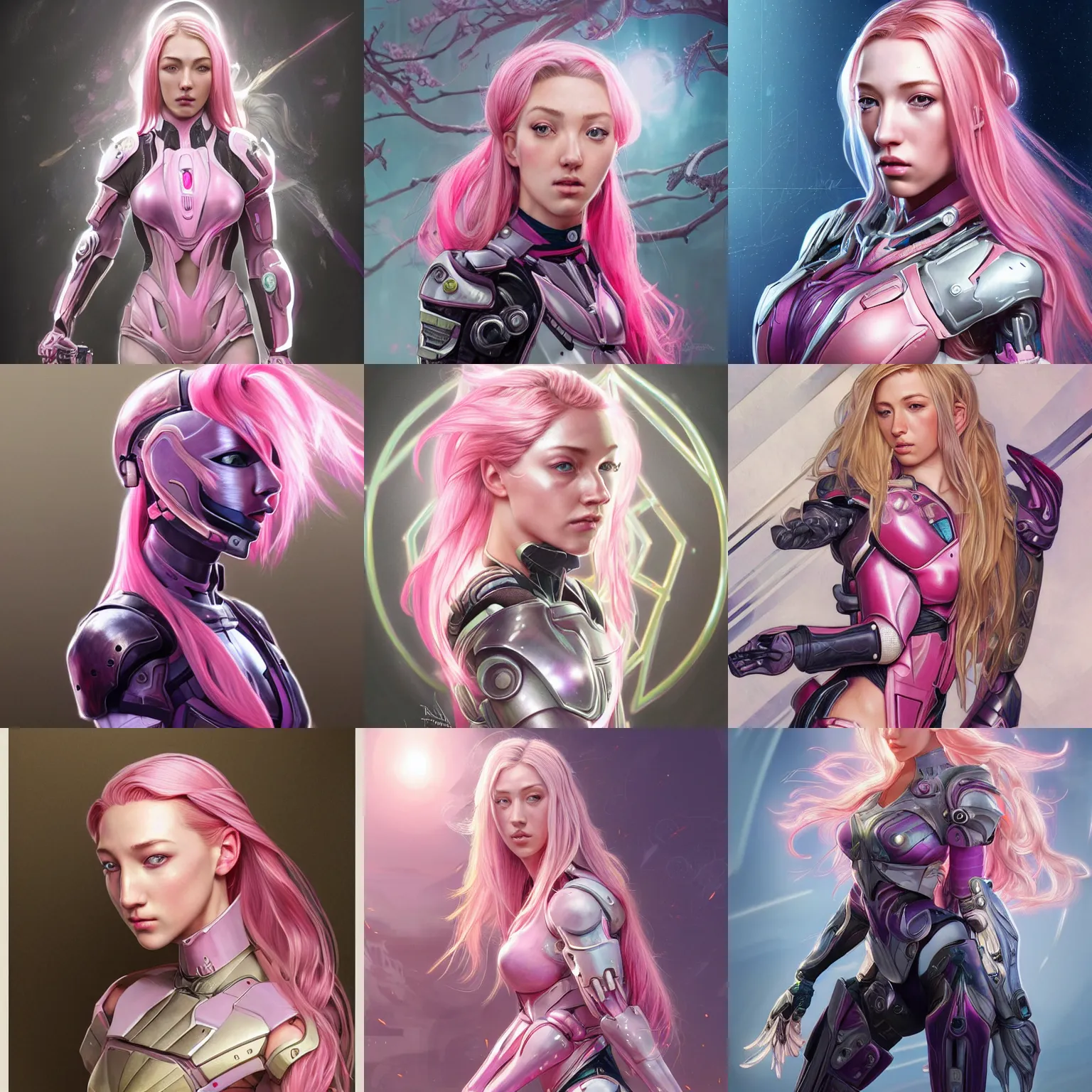 Prompt: ultra realistic illustration, beautiful kendra sunderland as a pink haired cyborg girl in warframe armor, intricate, elegant, advanced technology, aura of light, highly detailed, digital painting, artstation, concept art, smooth, sharp focus, illustration, art by artgerm and greg rutkowski and alphonse mucha