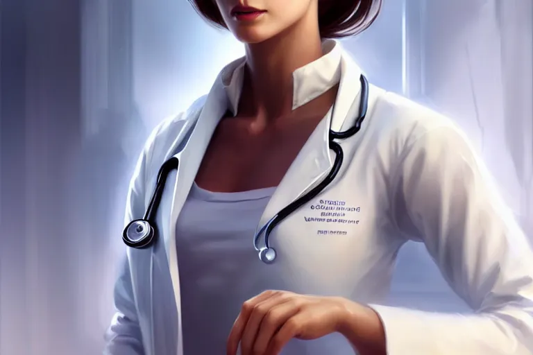 Image similar to a elegant and beautiful female doctor in a white coat in a clinic, cinematic, highly detailed, digital painting, artstation, concept art, matte, sharp focus, illustration, art by artgerm and greg rutkowski