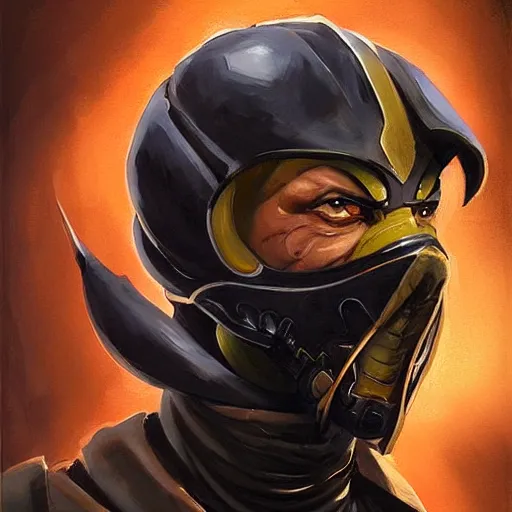 Image similar to greg manchess portrait painting of scorpion from mortal kombat as overwatch character, medium shot, asymmetrical, profile picture, organic painting, sunny day, matte painting, bold shapes, hard edges, street art, trending on artstation, by huang guangjian and gil elvgren and sachin teng