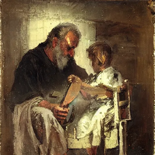 Image similar to St. Joseph using a saw to cut wood with a small child seated on a stool beside him, ancient worn robes, by Jeremy Mann, stylized, detailed, realistic, loose brush strokes, simple, wholesome, earthy tones, touch of gold leaf