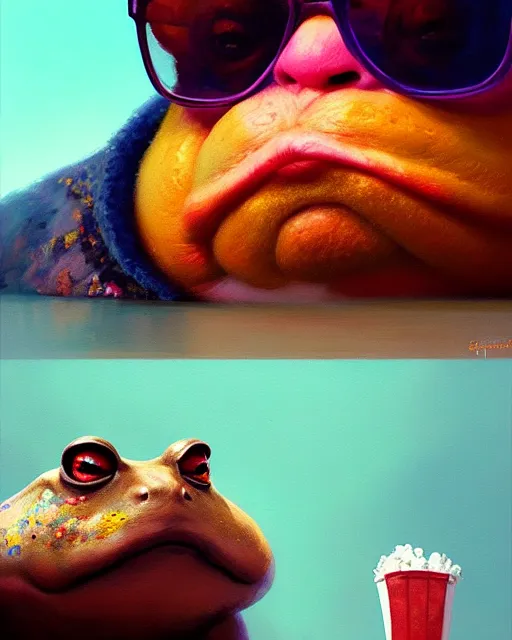 Prompt: hyper realistic oil painting of a fat toad wearing anachrome! glasses in the cinema, bucket of popcorn, vibrant colors, high contrast, by greg rutkowski, trending on artstation