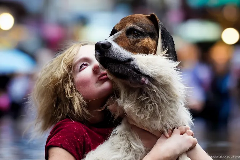 Image similar to closeup portrait of a girl carrying a dog over her head in a flood in Rundle Mall in Adelaide in South Australia, photograph, natural light, sharp, detailed face, magazine, press, photo, Steve McCurry, David Lazar, Canon, Nikon, focus