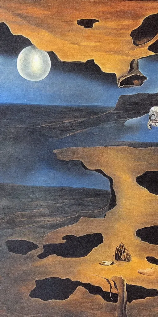 Image similar to A surrealist oil painting of a desiccated earth. Salvador Dali. Museum Quality.