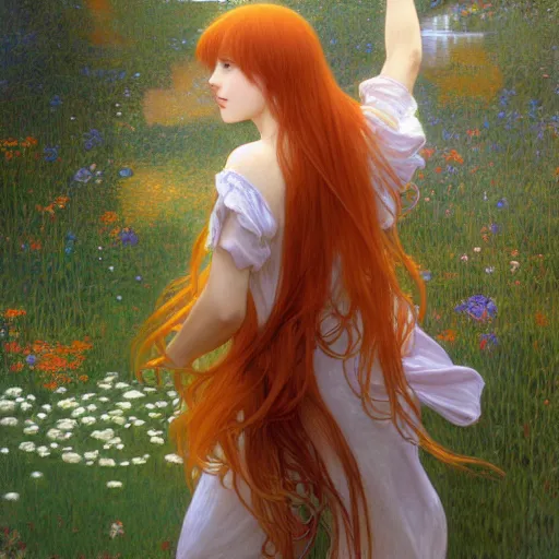 Image similar to A young woman with orange long hair and bangs in shorts and white shirt drawn by Donato Giancola and Makoto Shinkai, Edmund Leighton, Alphonse Mucha, background by James Jean and Gustav Klimt, 4k, porcelain skin, volumetric lighting, komorebi, french nouveau, trending on artstation, octane render, hyperrealistic