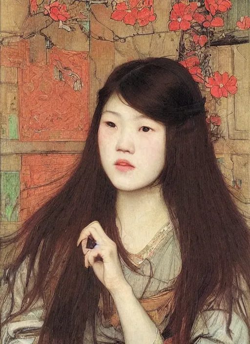 Prompt: a portrait of a 20 year old Asian woman with ginger hair and a witty expression wearing a traditional silk dress with very long sleeves fantasy art By John William Waterhouse