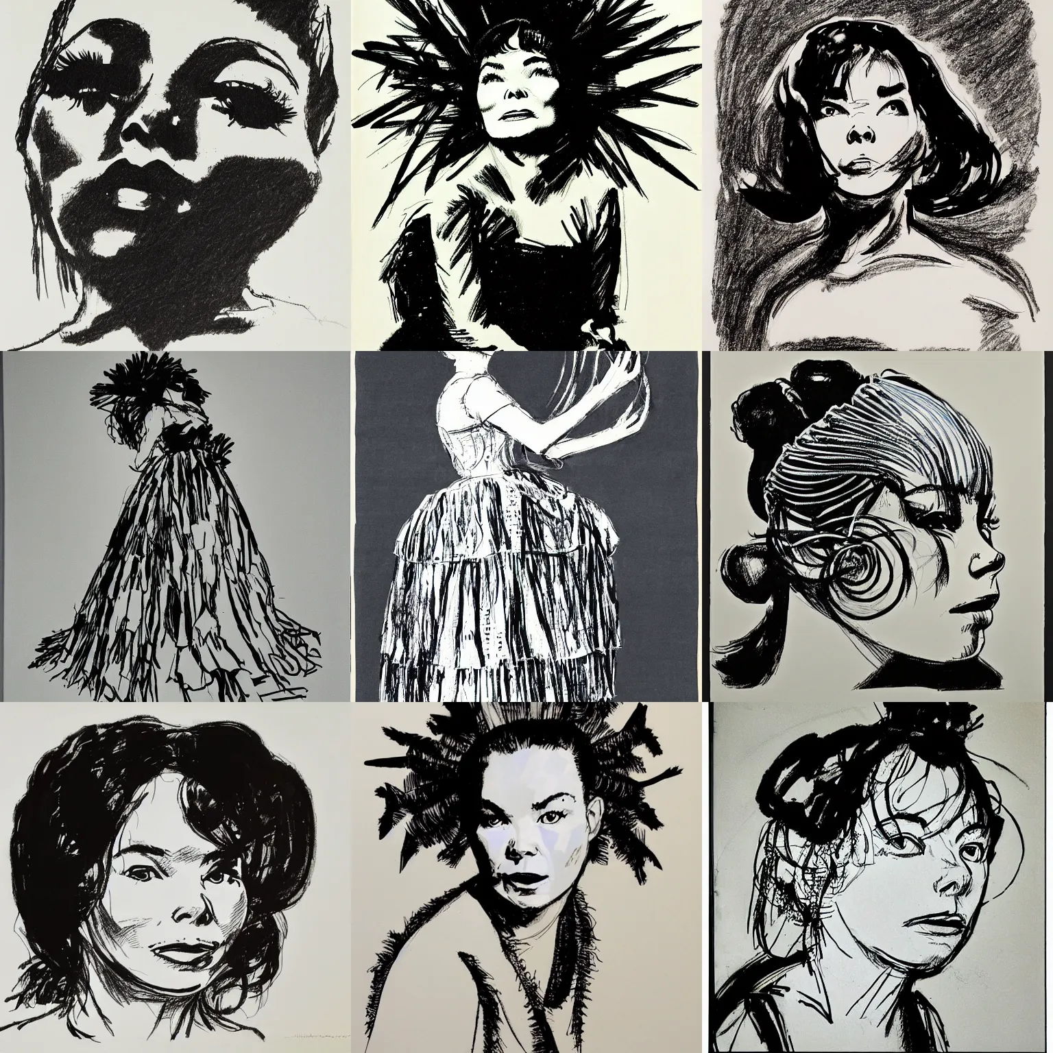 Prompt: drawing of Bjork by William Kentridge, highly detailed