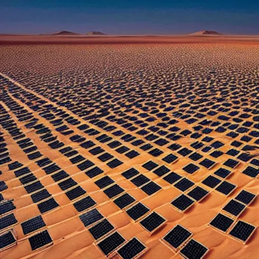 Image similar to award winning national geographic photo of sahara desert covered in huge solar panels