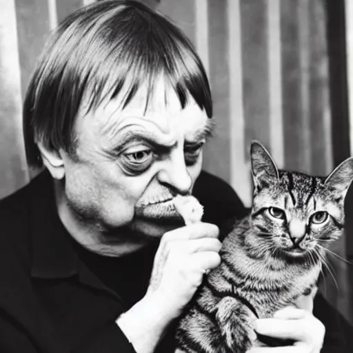 Prompt: mark e smith holding up a cat by the tail, sniffing the cat