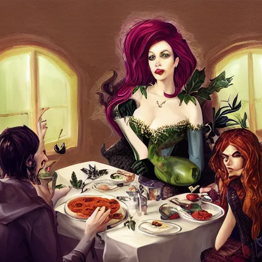 Image similar to a beautiful picture of doctor poison ivy professor of botany and doctor liliana onyx professor of demonology having lunch, academic clothing, dark eyeliner, intricate, elegant, highly detailed, digital painting, artstation, concept art, matte, sharp focus, illustration, art in a baroque style