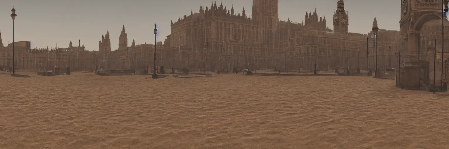 Image similar to london in a drought, covered with sand and corroding buildings, 4k, unreal 5