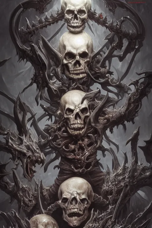 Image similar to death lord stand on skulls, highly detailed, d & d, fantasy, highly detailed, digital painting, trending on artstation, concept art, sharp focus, illustration, global illumination, ray tracing, realistic shaded, art by artgerm and greg rutkowski and fuji choko and viktoria gavrilenko and hoang lap,