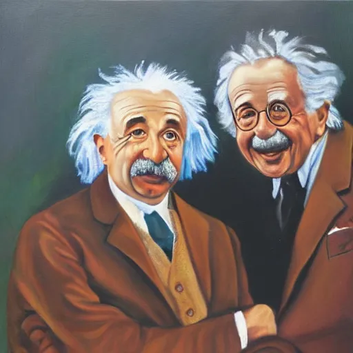 Image similar to Portrait of Albert Einstein and Leo Szilard smiling to each other, oil painting