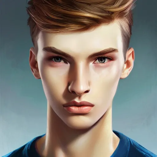 Image similar to colorful Captivating teenage boy with brown blond short quiff hair and thin slightly round facial structure with cleft chin, bumpy nose, good definition of cheekbones, Alert brown eyes, narrow face, slim body, atmospheric lighting, painted, intricate, 4k, highly detailed by Charlie Bowater