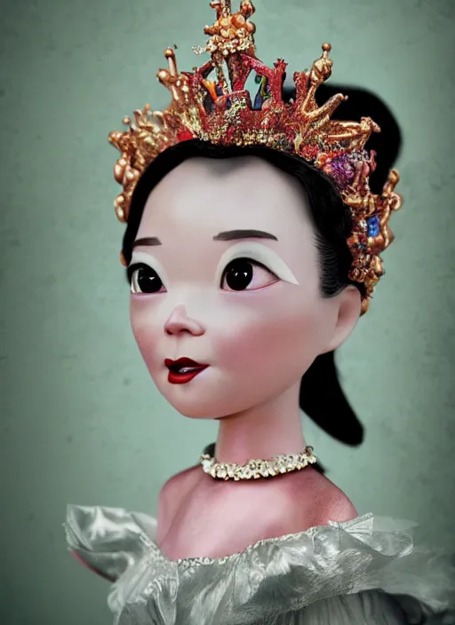 Image similar to closeup face profile portrait of tin toy bjork as a fairytale princess wearing a crown eating cakes, bikini, depth of field, zeiss lens, detailed, symmetrical, centered, fashion photoshoot, by nicoletta ceccoli, mark ryden, lostfish, breathtaking, 8 k resolution, extremely detailed, beautiful, establishing shot, artistic, hyperrealistic, octane render
