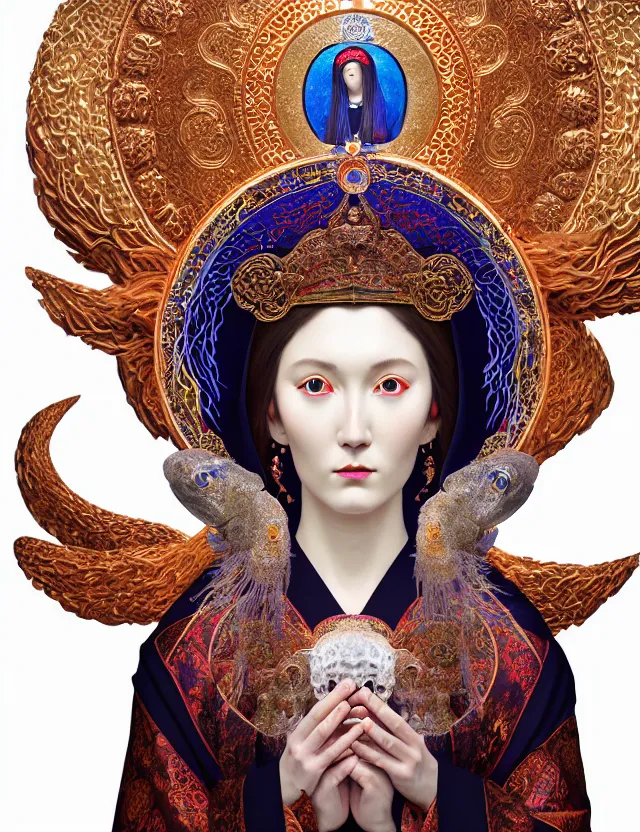 Image similar to 3 d goddess close - up profile portrait russian orthodox icon with ram skull. beautiful intricately detailed japanese crow kitsune mask and clasical japanese kimono. betta fish, jellyfish phoenix, bio luminescent, plasma, ice, water, wind, creature, artwork by tooth wu and wlop and beeple and greg rutkowski