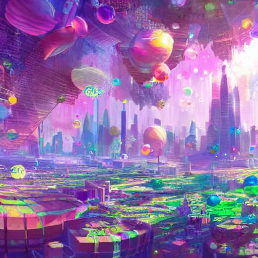 Image similar to a utopian city, filled with extremely colorful fauna, with bubbles floating around everywhere, dynamic lighting, fantasy concept art, trending on art station, stunning visuals, creative, cinematic, ultra detailed