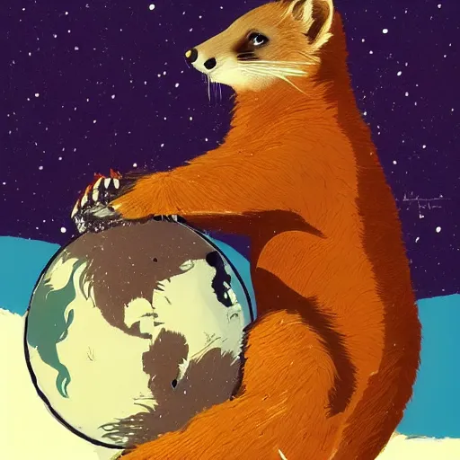 Prompt: giant pine marten in space holding a planet, digital art, trending on artstation, highly detailed, by Conrad Roset