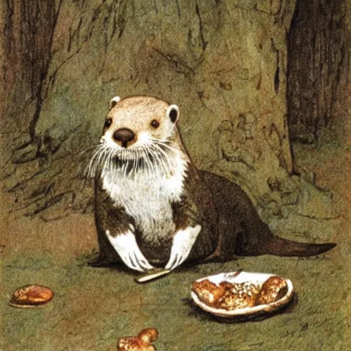 Image similar to an otter child holds a chestnut in its paws, Beatrix Potter,