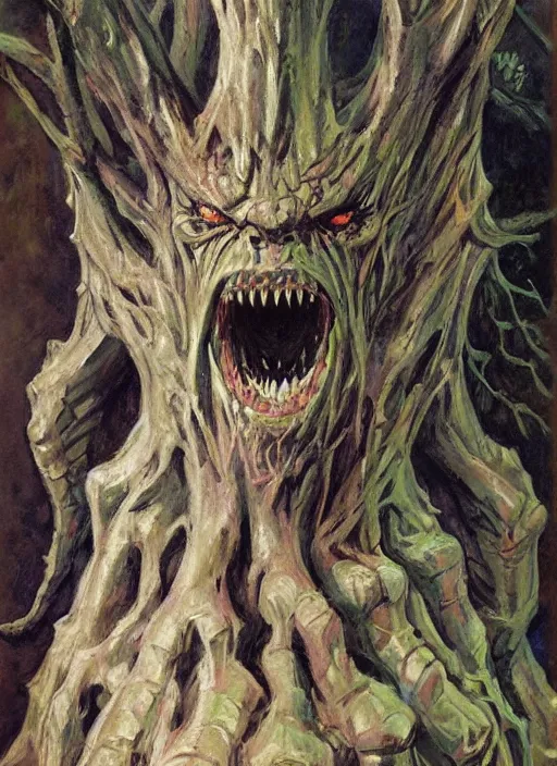 Prompt: a highly detailed monster portrait of an evil tree monster, fantasy, by gregory manchess, james gurney, james jean