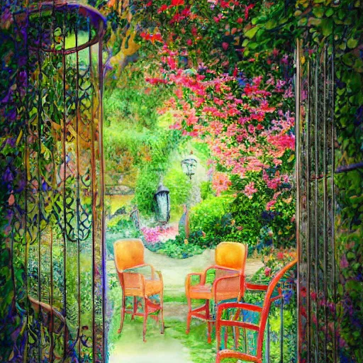 Image similar to delicate, chairs, garden, paved, botanic watercolors, iridescent, 8 k, realistic shaded, fine details, artstation, italian, iron gate, tree, mediterranean, neon flowers