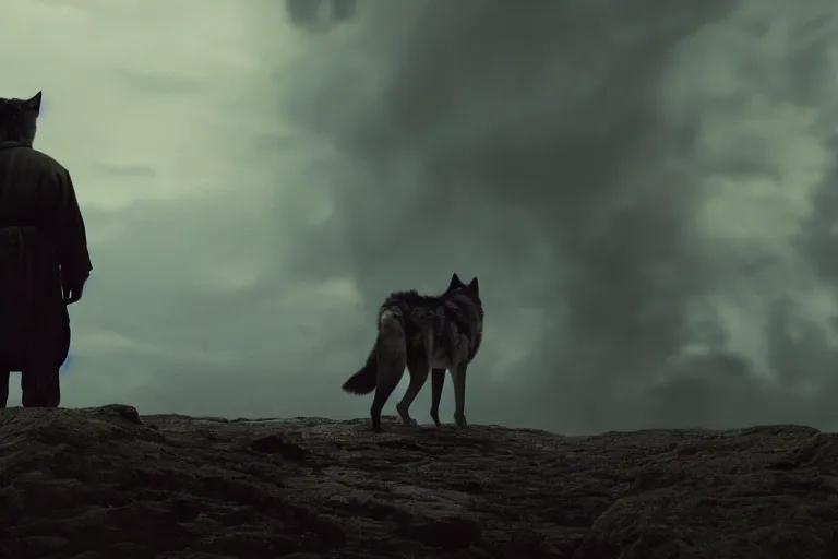 Image similar to the back of a man, facing a angry wolf, stand - off, muted colors, 8 k, depth of field, cinematic, hyperrealistic, movie still frame, promotional image, imax 7 0 mm footage