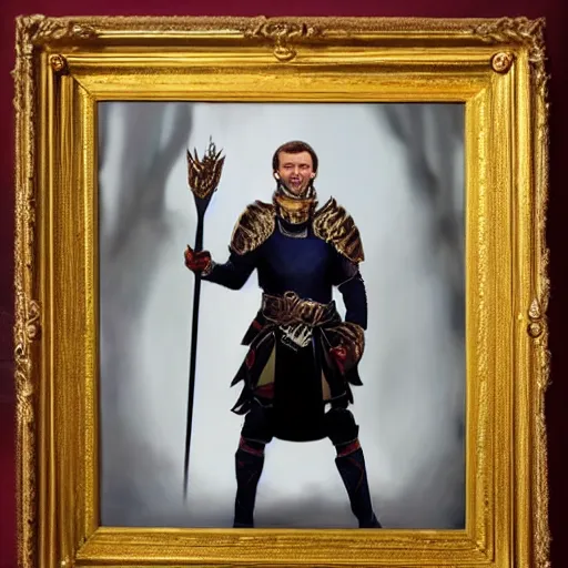 Image similar to portrait of Emmanuel Macron in fantasy armor, detailed, cinematic light, art of D&D