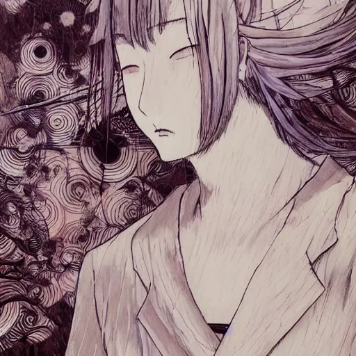 Prompt: yoshitaka amano blurred and dreamy realistic illustration of a young japanese woman in anime style with black eyes, wavy white hair fluttering in the wind wearing dress suit with tie, junji ito abstract patterns in the background, satoshi kon anime, noisy film grain effect, highly detailed, renaissance oil painting, weird portrait angle, blurred lost edges, three quarter view