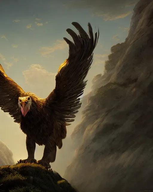 Image similar to human / eagle / lion / ox hybrid with two horns, one beak, mane and human body. beautiful dynamic lighting, cinematic, wide angle establishing shot, extremely high detail, photo realistic, cinematic lighting, post processed, concept art, artstation, matte painting, style by frederic church, raphael lacoste, unreal engine 8 k