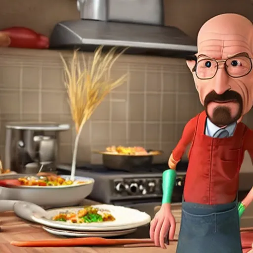 Image similar to walter white in ratatouille cooking with rat friend