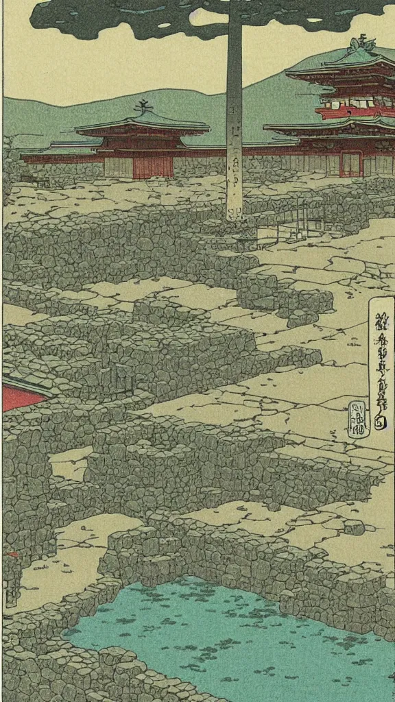 Image similar to a beautiful ancient bathhouse with a bathing alien creature in spring by hasui kawase