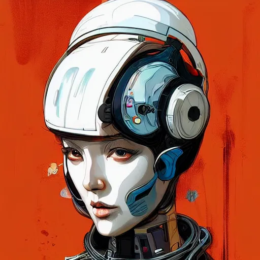 Image similar to a woman with orange hair and a white helmet, cyberpunk art by james jean, featured on cgsociety, retrofuturism, futuristic, dystopian art, ilya kuvshinov