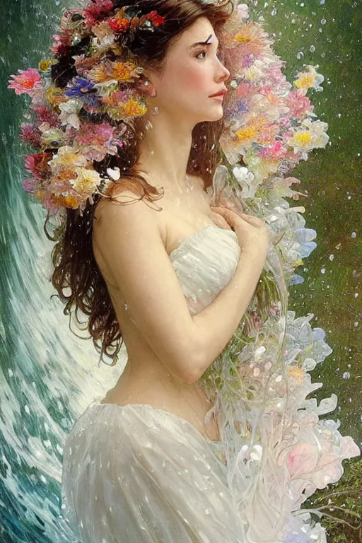 Image similar to portrait of a beautiful woman wearing a white dress, holding a bouquet of flowing flowers, drenched body, wet dripping hair, emerging from the water, fantasy, regal, fractal crystal, fractal gems, by stanley artgerm lau, thomas kindkade, alphonse mucha, loish, norman rockwell