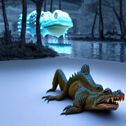 Prompt: crocodile made of ice cream, 3 d model, unreal engine, highly detailed, on a riverbank, hyperealistic, octane render, concept art, artstation, dusk lighting, realistic shadows