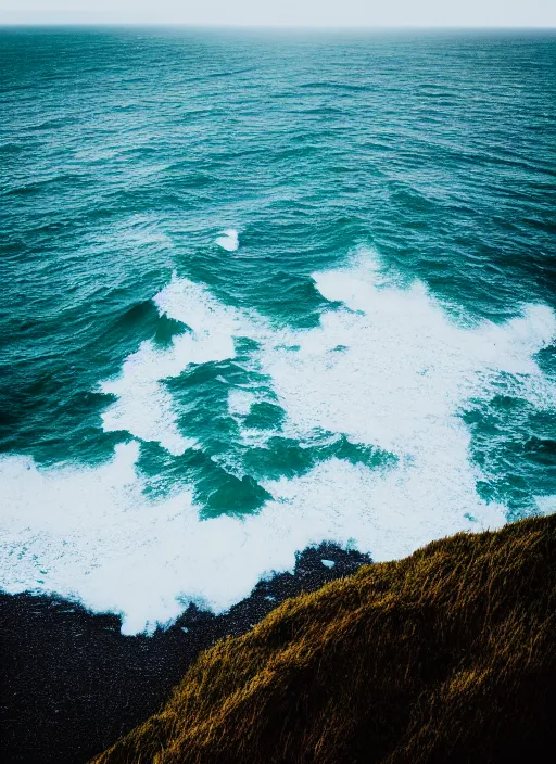 Image similar to a view of the ocean from a cliff, a tilt shift photo by liam wong, unsplash, naturalism, cinematic view, terragen, shot on 7 0 mm