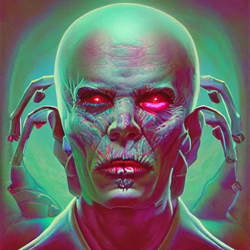 Prompt: Hyperdetailed psychedelic horror fantasy portrait of a vampire by Wayne Barlowe and Beeple, vivid color, album cover,