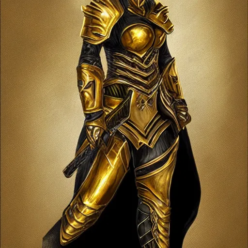 Image similar to female warrior in gold and black armor, semi-realistic, fantasy, digital painting, highly detailed