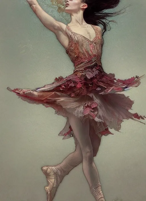 Image similar to a beautifull intricate blood painting of a dancing ballerina, reflexions, verry high details by william turner art, greg rutkowski and alphonse mucha, trending on artstation, very very detailed, masterpiece, muted colors