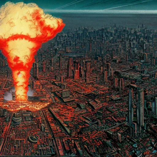 Image similar to aerial view of a nuclear explosion in the middle of a post apocalyptic city surrounded by vegetation, katsuhiro otomo, hyper detailed, 4 k