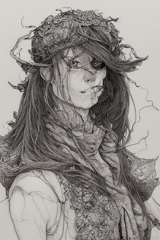 Image similar to ugly hag with a long hooked nose, pen and ink, intricate line drawings, art by krenzcushart, by yoshitaka amano, kentaro miura, artgerm, wlop,