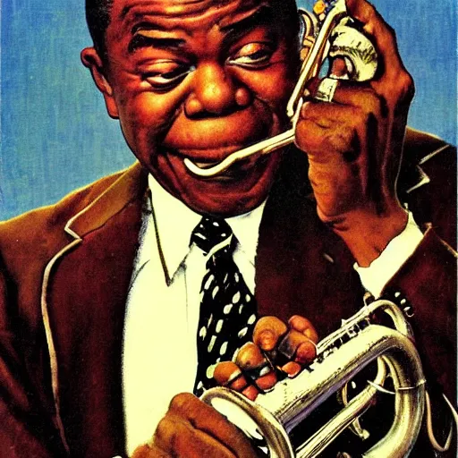 Image similar to portrait of louis armstrong, by norman rockwell