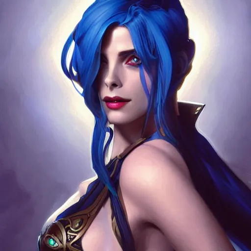 Image similar to Ashley Greene with blue hair as Jinx from League of Legends, western, D&D, fantasy, intricate, elegant, highly detailed, digital painting, artstation, concept art, matte, sharp focus, illustration, art by Artgerm and Greg Rutkowski and Alphonse Mucha