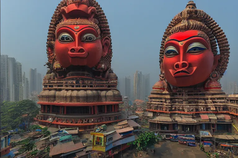 Image similar to high quality 3 d cyberpunk biomorphic hanuman head building in the middle of mumbai!!, kalighat highly detailed, cinematic smooth, stephen shore & john j. park, soft morning light, wide shot, high angle, uhd 8 k, deep focus