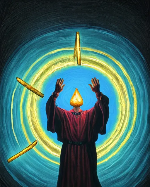 Image similar to acrylic painting of mage reciting an incantation and standing on glowing circular runes in the middle of dark room, high production value, intricate details, high resolution, hyperrealistic, hdr, high definition, masterpiece, ultra realistic, highly detailed, hd, sharp focus, non blurry, sharp, smooth