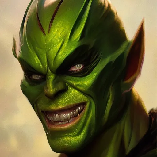 Prompt: the green goblin closeup portrait, dramatic light, lake background, 2 0 0 mm focal length, painted by stanley lau, painted by greg rutkowski, painted by stanley artgerm, digital art, trending on artstation