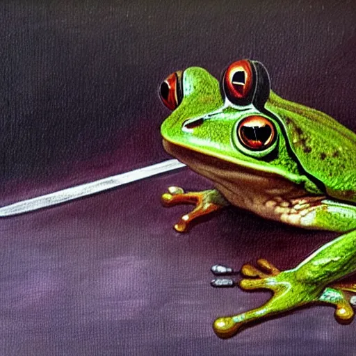 Image similar to frog with a sword, oil painting