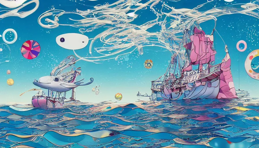 Prompt: a sailing ship in the sea with bubbles floating and a whale in the sky by takashi murakami,, beeple and james jean, aya takano color style, 4 k, super detailed, night sky, digital art, digital painting, celestial, majestic, colorful