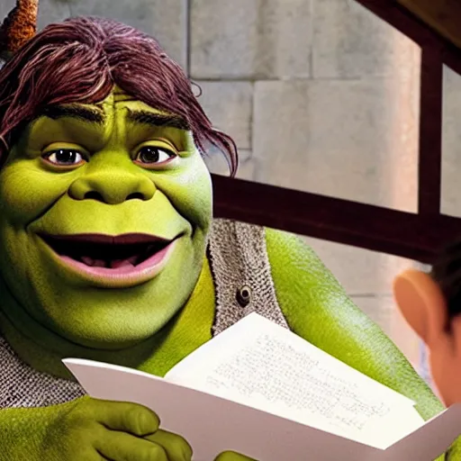 Image similar to behind the scenes photo of Shrek reading the script before a scene