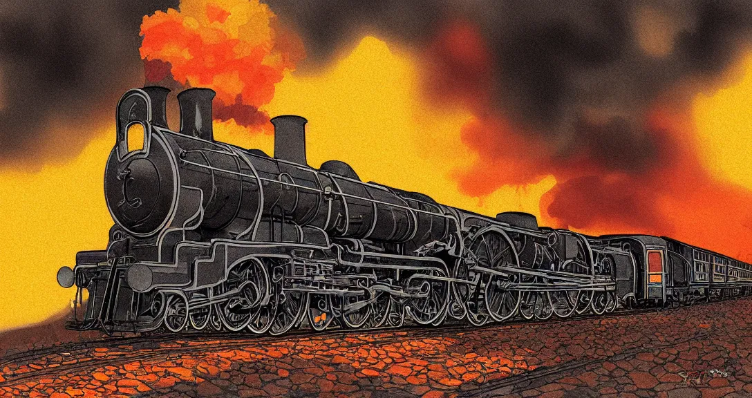 Image similar to cross - section close - up view of a steam train, autumn light, smoke, beautiful, by studio ghibli, by tomono yoshiyuki, digital art, concept art, sharp focus, illustration