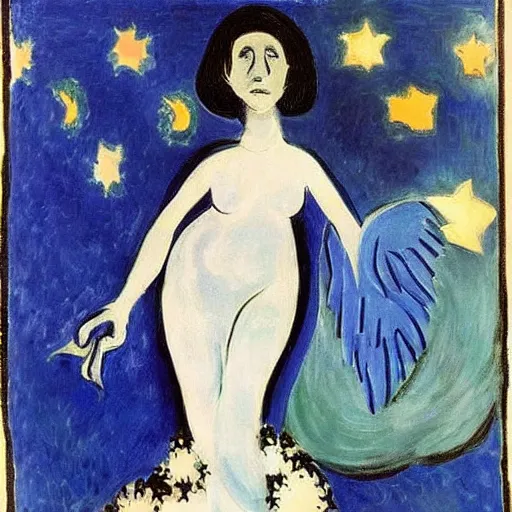 Prompt: The conceptual art features a woman with wings made of stars, surrounded by a blue and white night sky. The woman is holding a staff in one hand, and a star in the other. She is wearing a billowing white dress, and her hair is blowing in the wind. aboriginal art by Henri Matisse ghostly